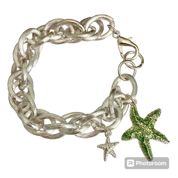 Silver Sea Life Starfish Charm Bracelet 8-8.5" Chain Beach Plus Size Plated - Picture 1 of 10